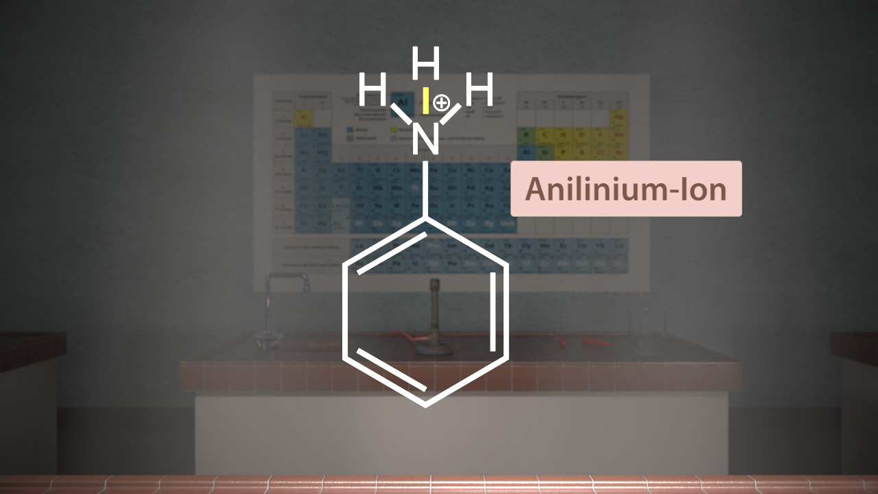 Chemische Struktur des Anilinium-Ions mit dem Namen 'Anilin-Ion' daneben.