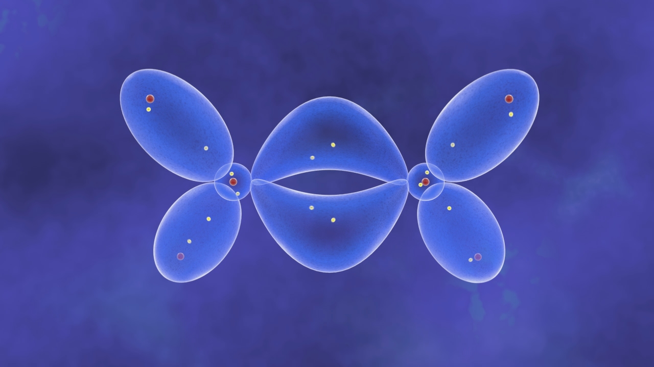 Darstellung eines Moleküls mit blauen Orbitalen und farbigen Elektronenpunkten.