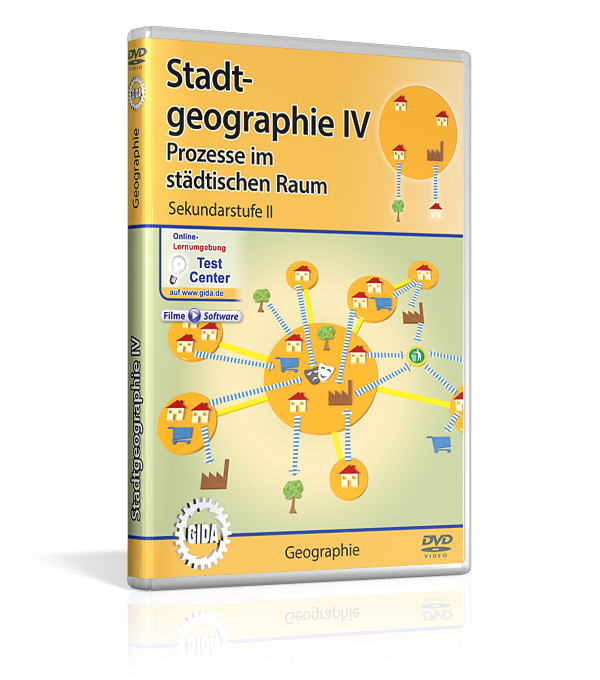 DVD-Cover für 'Stadtgeographie IV: Prozesse im städtischen Raum', zeigt verschiedene städtische Elemente und Verbindungen.