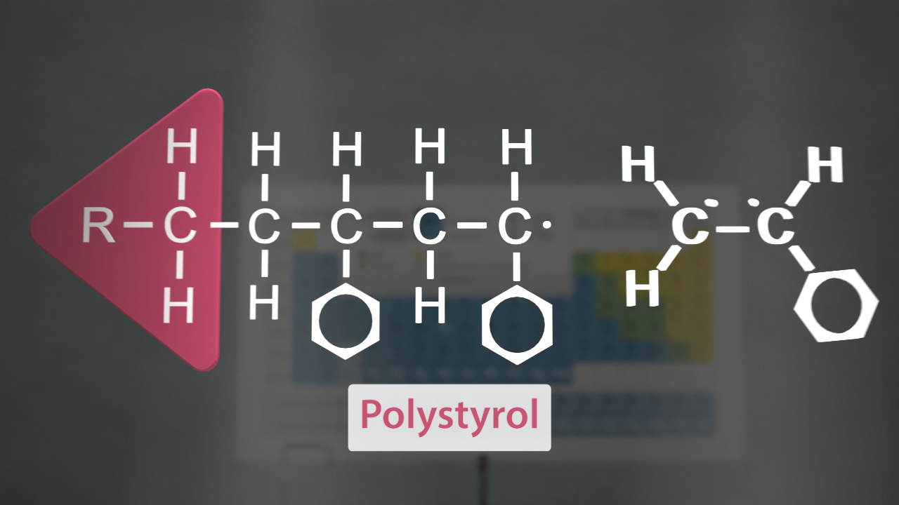 Chemische Struktur von Polystyrol mit einer R-Gruppe und Benzolringen.