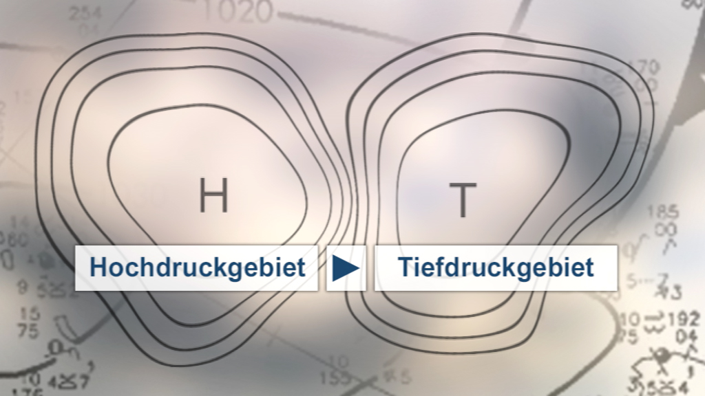 Wetterkarte mit Isobaren, die Hochdruck- und Tiefdruckgebiete darstellen.