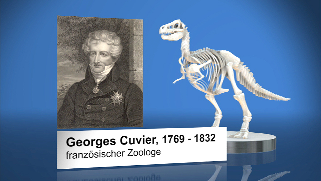Porträt von Georges Cuvier neben einem Skelett eines Dinosauriers, mit den Jahren 1769-1832 und der Bezeichnung 'französischer Zoologe'.