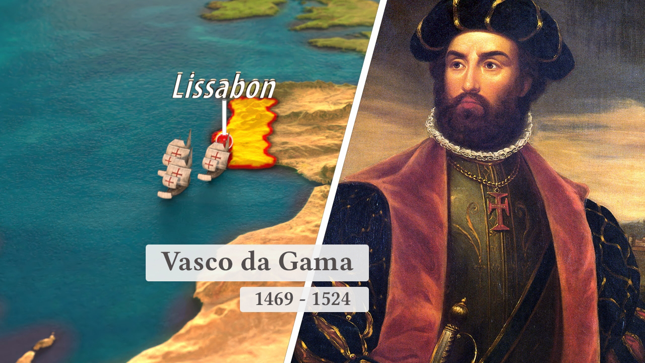 Karte von Lissabon mit zwei Schiffen und Porträt von Vasco da Gama, 1469-1524.