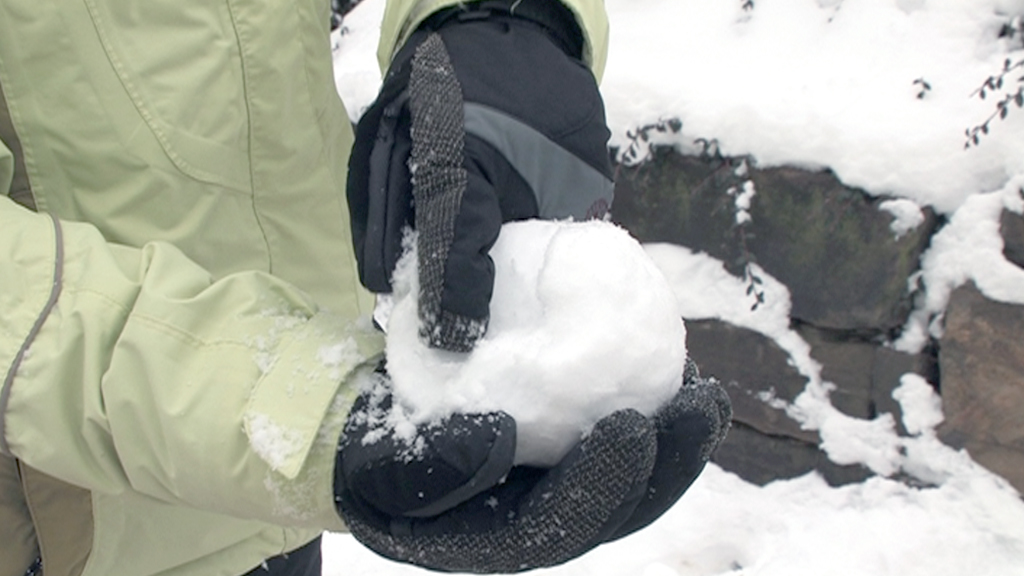 Eine Person hält einen großen Schneeball in einer Hand, während sie in einer schneebedeckten Umgebung steht.