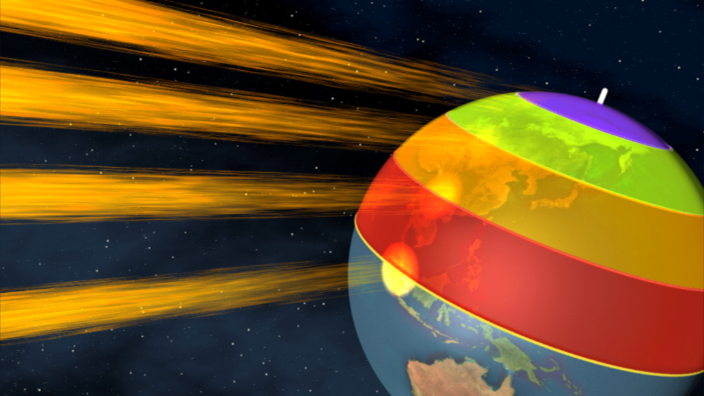 Eine stilisierte Erde mit bunten Streifen, die Sonnenstrahlen darstellen, die auf die Oberfläche treffen.