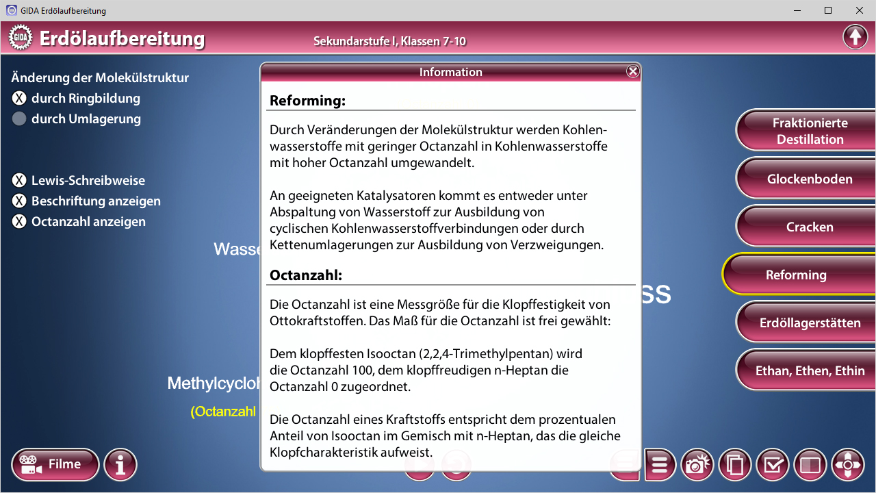 Information über das Reforming von Kohlenwasserstoffen, einschließlich des Octanzahl-Messwerts und der Bedeutung für die Klopffestigkeit.