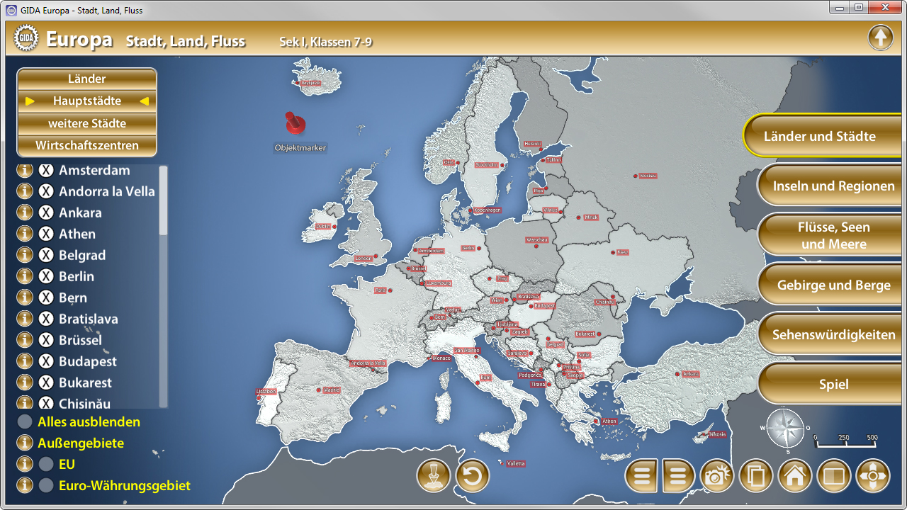 Interaktive Karte von Europa mit Ländern, Hauptstädten und geografischen Merkmalen, sowie einem Menü für verschiedene Optionen.