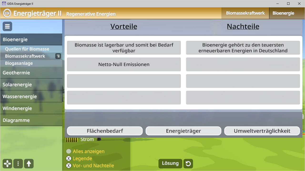 Tabelle mit Vor- und Nachteilen von Biomasse als Energieträger, einschließlich Netto-Null Emissionen und Verfügbarkeit.
