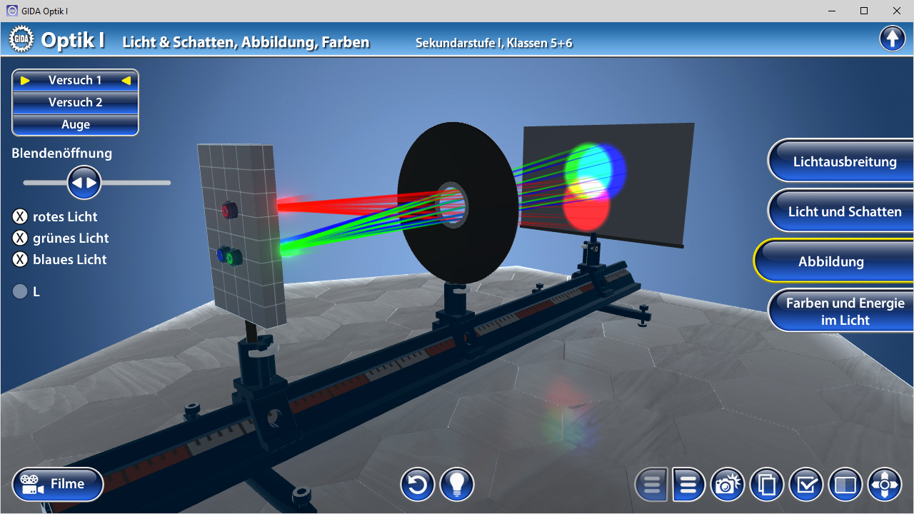 Interaktive Simulation zur Optik mit Lichtstrahlen in Rot, Grün und Blau, die durch eine Linse auf eine Leinwand projiziert werden.