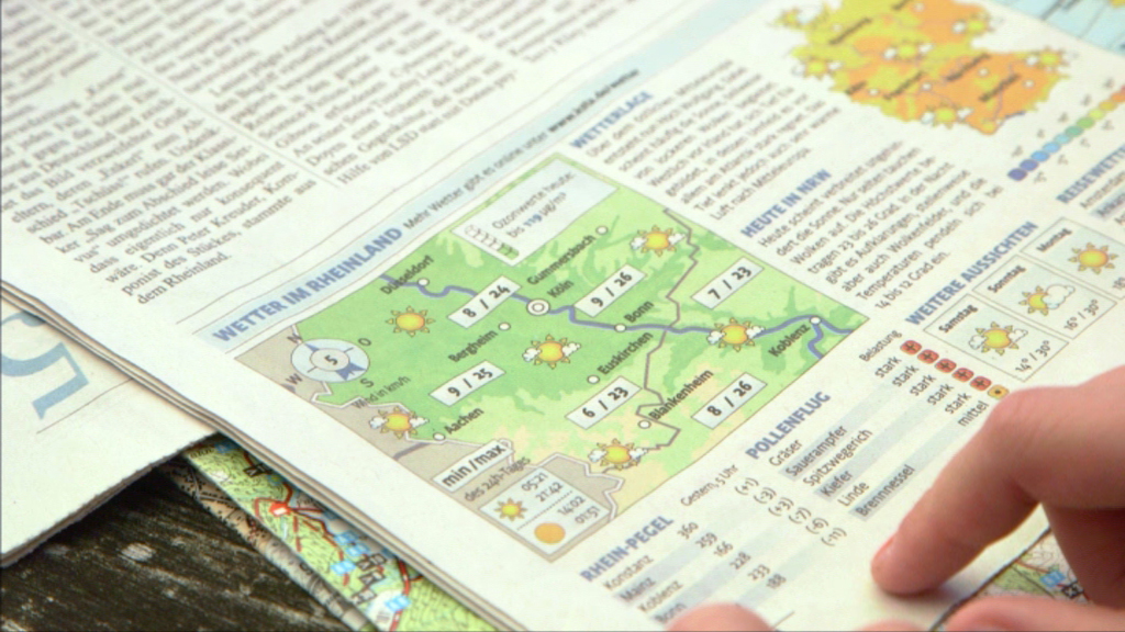 Wettervorhersage für Deutschland mit Symbolen für Sonne und Regen, Temperaturen und Orten.