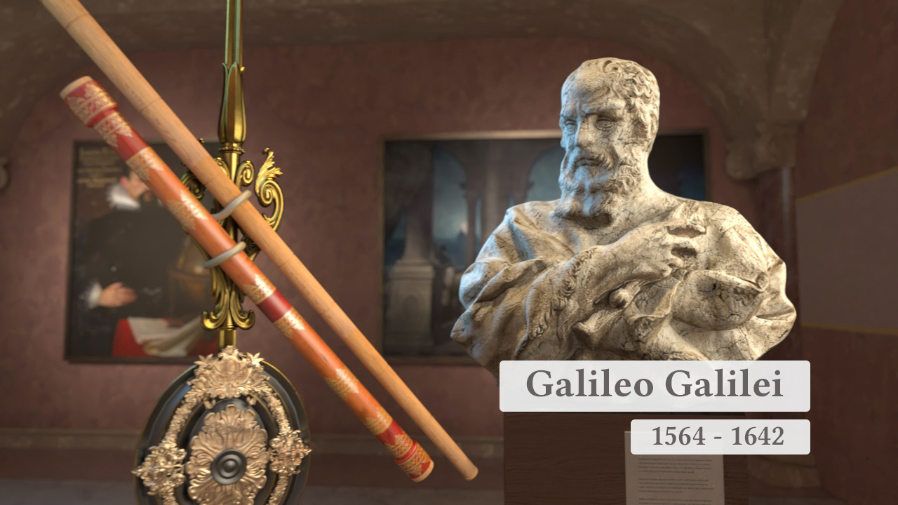 Büste von Galileo Galilei neben einem historischen Teleskop und einem Kompass, mit den Lebensdaten 1564-1642.