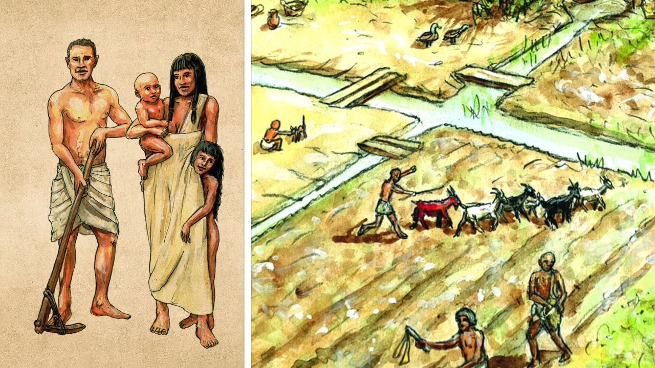 Historische Darstellung einer Familie mit einem Mann, einer Frau und zwei Kindern, sowie einer landwirtschaftlichen Szene mit Arbeitern und Tieren.