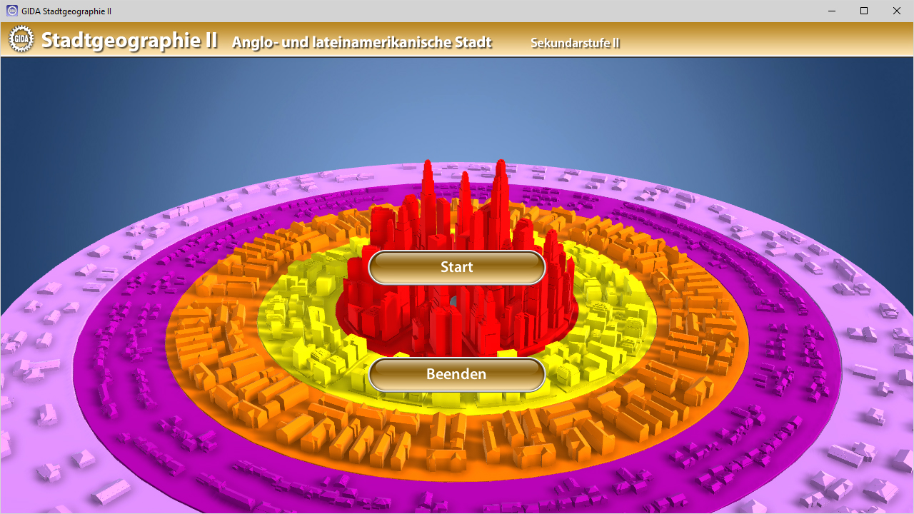 Menü der Software "Stadtgeographie II – Anglo- und lateinamerikanische Stadt".