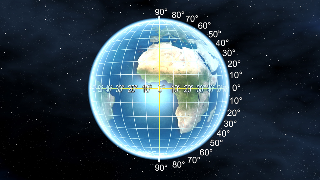 3D-Darstellung der Erde mit einem Gitter aus Längs- und Breitengraden, Afrika im Fokus.