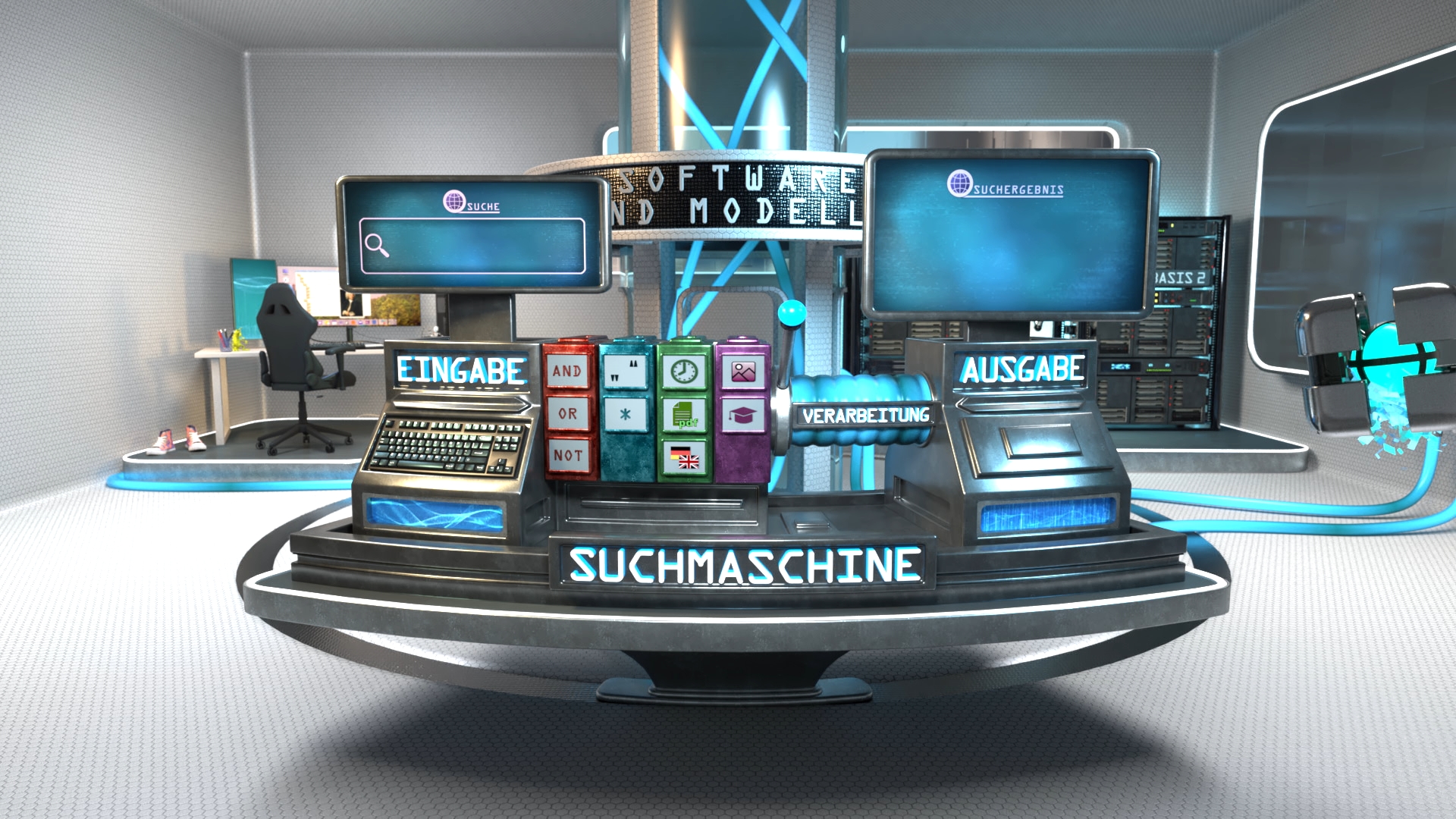 3D-Darstellung einer Suchmaschine mit Eingabe-, Verarbeitungs- und Ausgabebereichen in einem futuristischen Raum