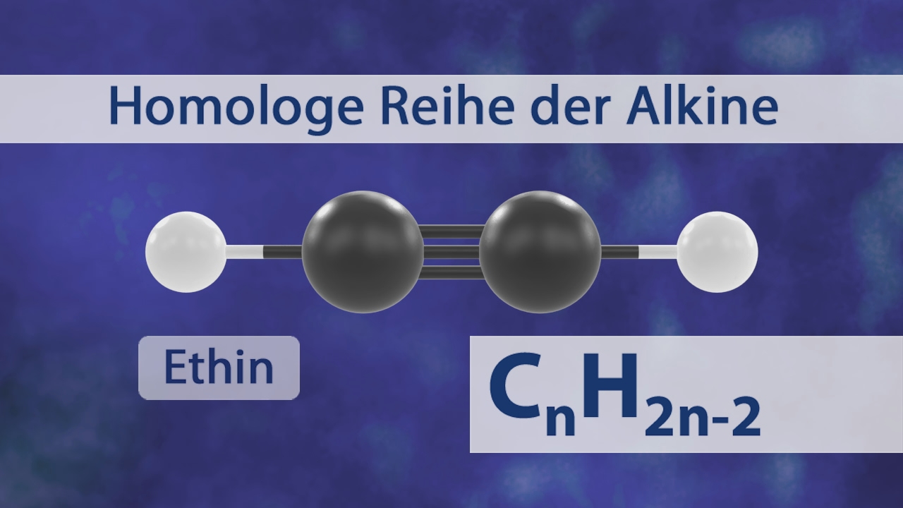 Infografik zur homologen Reihe der Alkine mit Strukturformel von Ethin (C2H2) und allgemeiner Formel CnH2n-2.