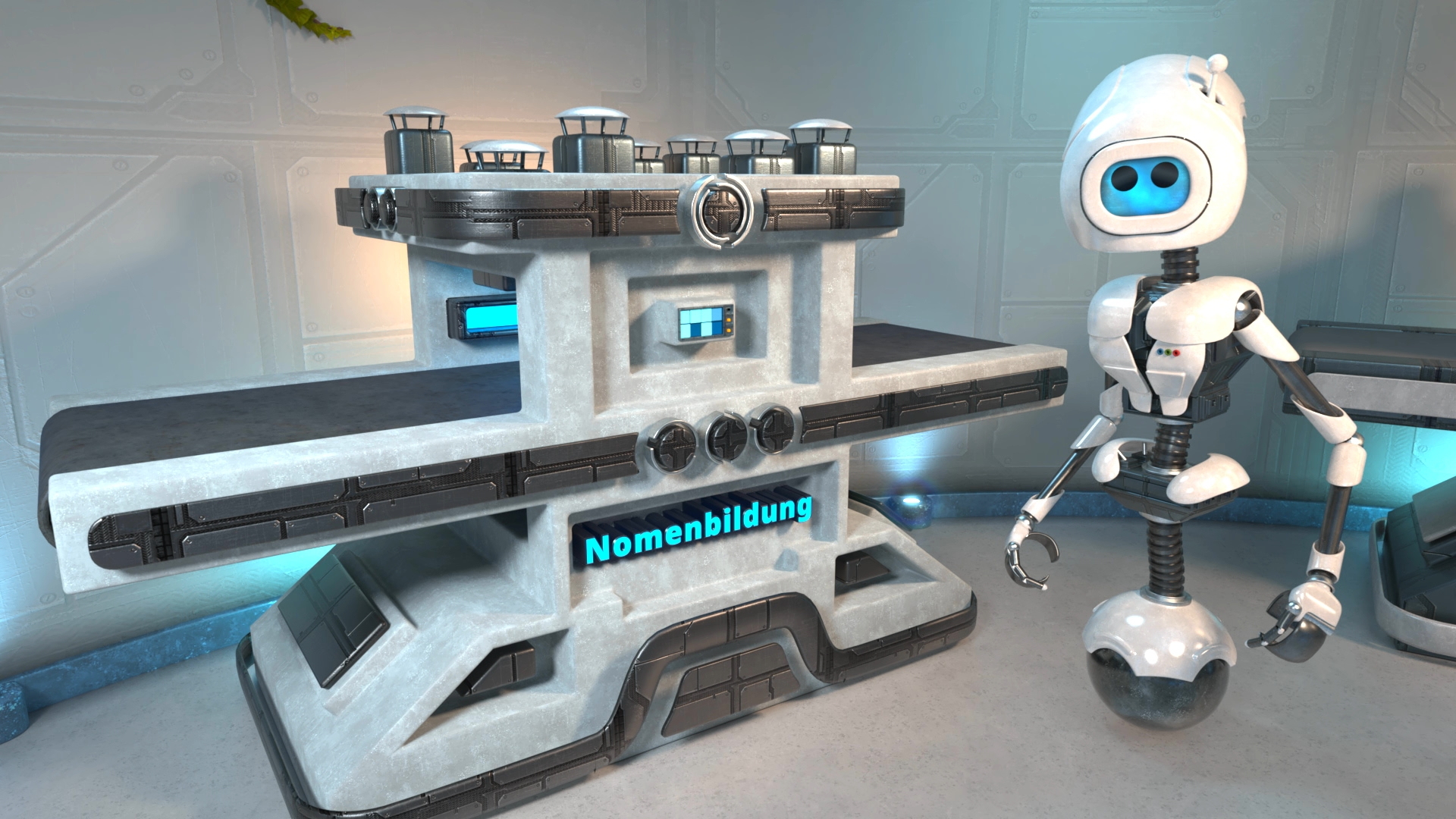 Weiß-grauer Roboter mit blau leuchtenden Augen neben futuristischer Maschine mit blau leuchtendem Display und Schriftzug 'Nomenbildung'