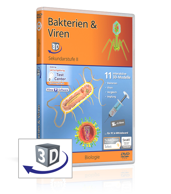 DVD-Cover für 'Bakterien & Viren', enthält 11 interaktive 3D-Modelle und einen Film.