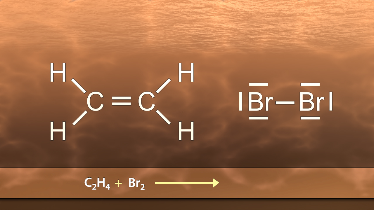Chemische Reaktion zwischen Ethen (C2H4) und Brom (Br2), die zur Bildung von 1,2-Dibromethan führt.