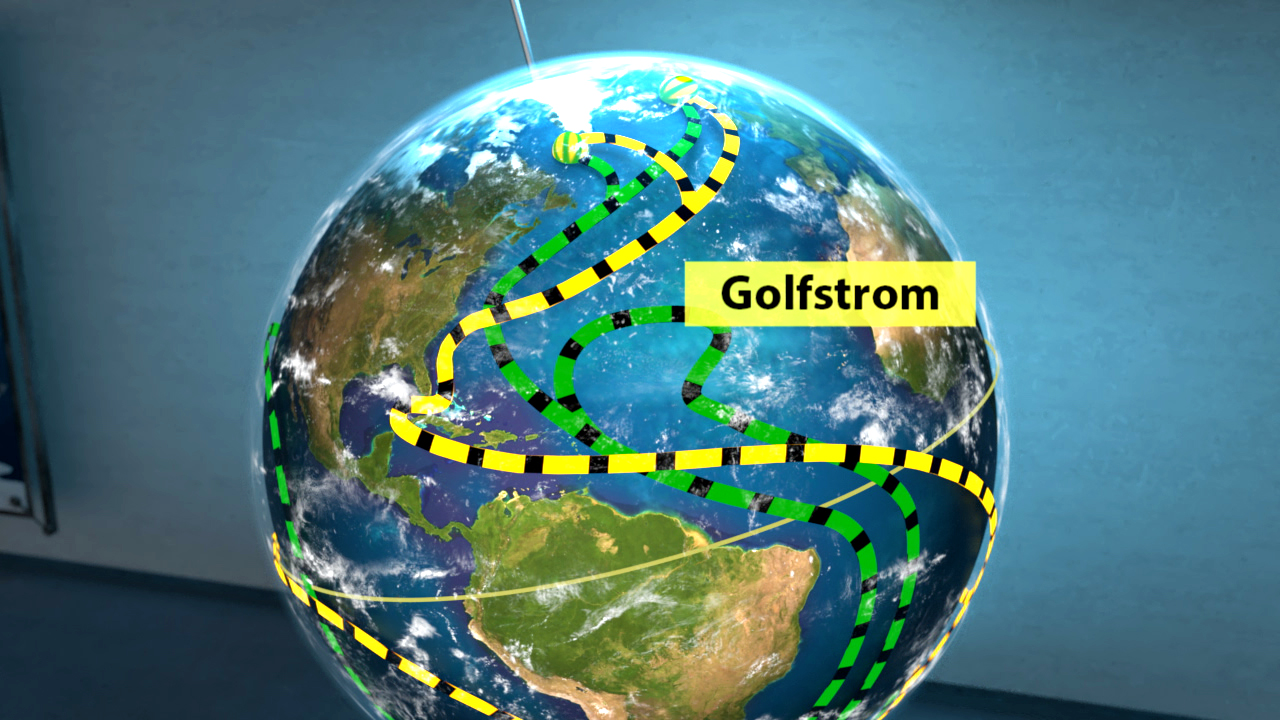 3D-Darstellung der Erde mit hervorgehobenem Golfstrom in gelb und grün.