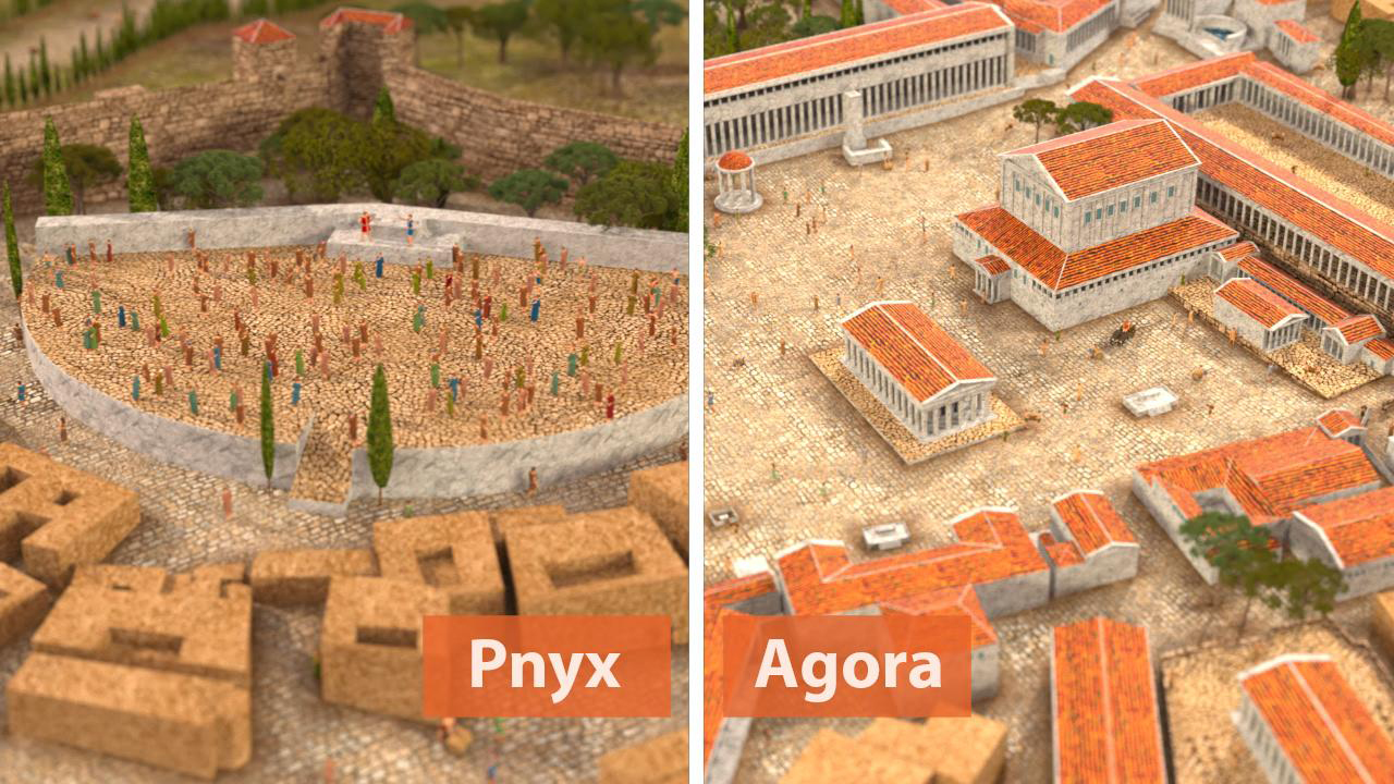 Detaillierte Darstellung der Pnyx und Agora in der antiken Stadt, mit Menschen und Gebäuden.