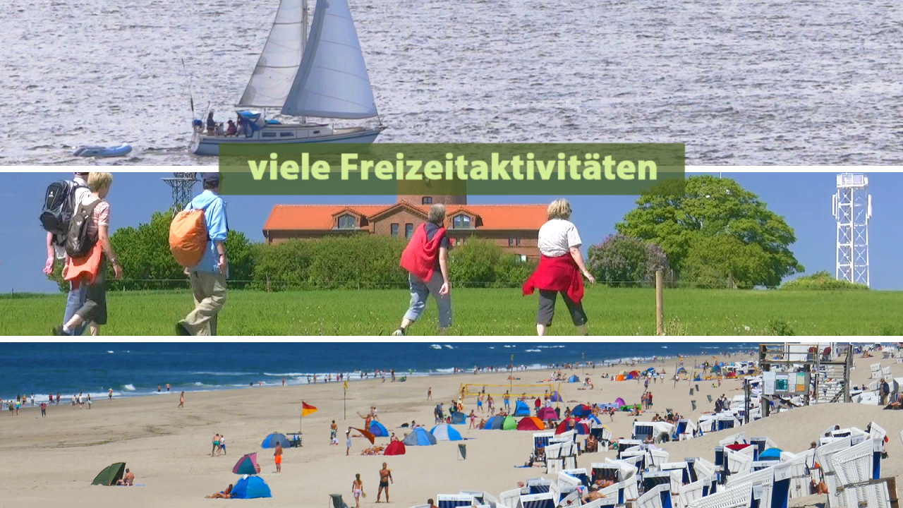 Collage mit Freizeitaktivitäten: Segelboot auf dem Wasser, wandernde Personen auf einer Wiese, Strand mit Sonnenschirmen und Liegen.