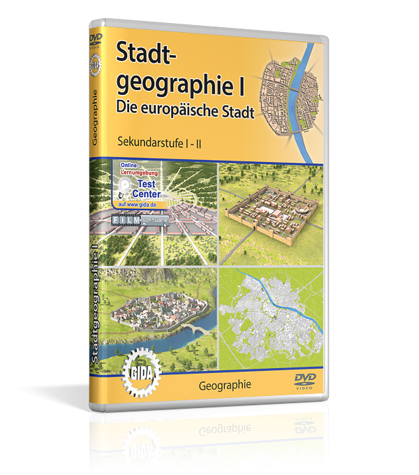 DVD-Cover für 'Stadtgeographie I: Die europäische Stadt' mit Karten und Stadtansichten.