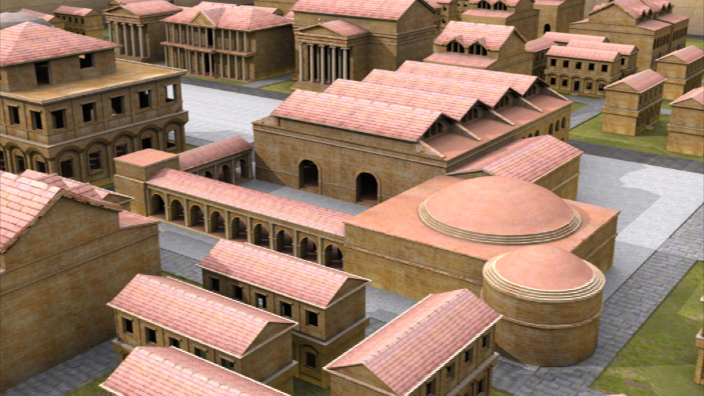 Modell einer antiken Stadt mit verschiedenen Gebäuden, darunter Tempel und Wohnhäuser, alle mit roten Dächern.