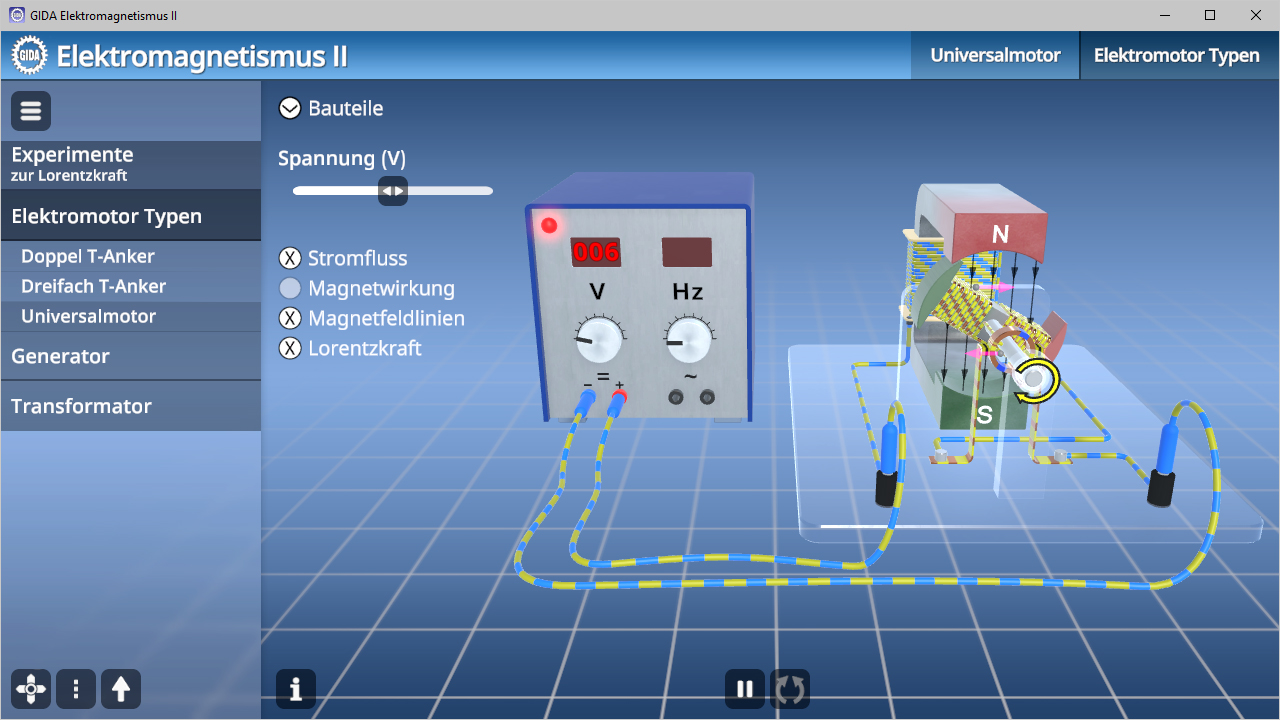 Interaktive Simulation eines Elektromotors mit Spannungsanzeige und Drahtverbindungen.