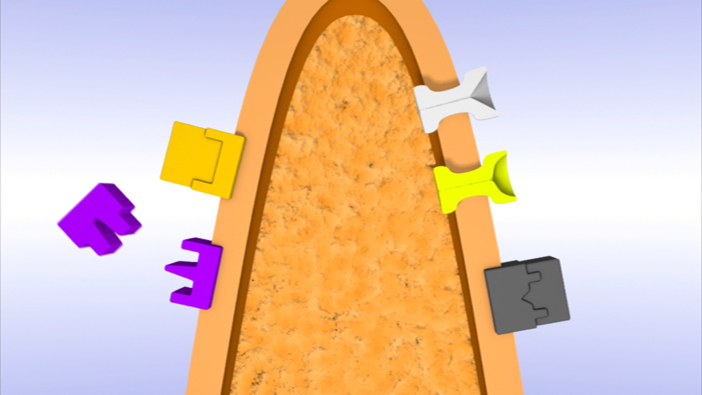 3D-Darstellung eines Objekts mit bunten, geometrischen Formen (lila, gelb, weiß, grau) um eine zentrale Struktur.