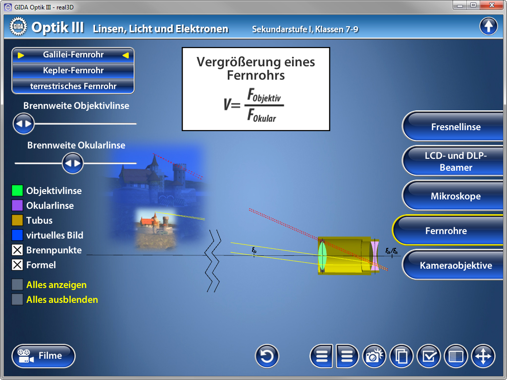 Interaktive Software zur Optik mit Fokus auf Fernrohre, zeigt Brennweite und Vergrößerung an.