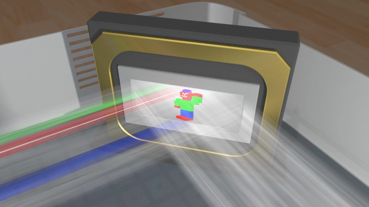 3D-Visualisierung eines Objekts mit farbigen Lichtstrahlen, die auf einen Bildschirm projiziert werden.