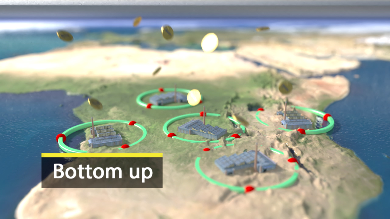 3D-Visualisierung von mehreren Standorten in Afrika mit grünen Kreisen und roten Markierungen, Text 'Bottom up' im Vordergrund.