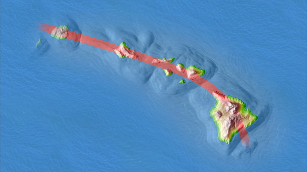 Karte der Hawaii-Inseln mit einer roten Linie, die eine Route oder Verbindung darstellt.