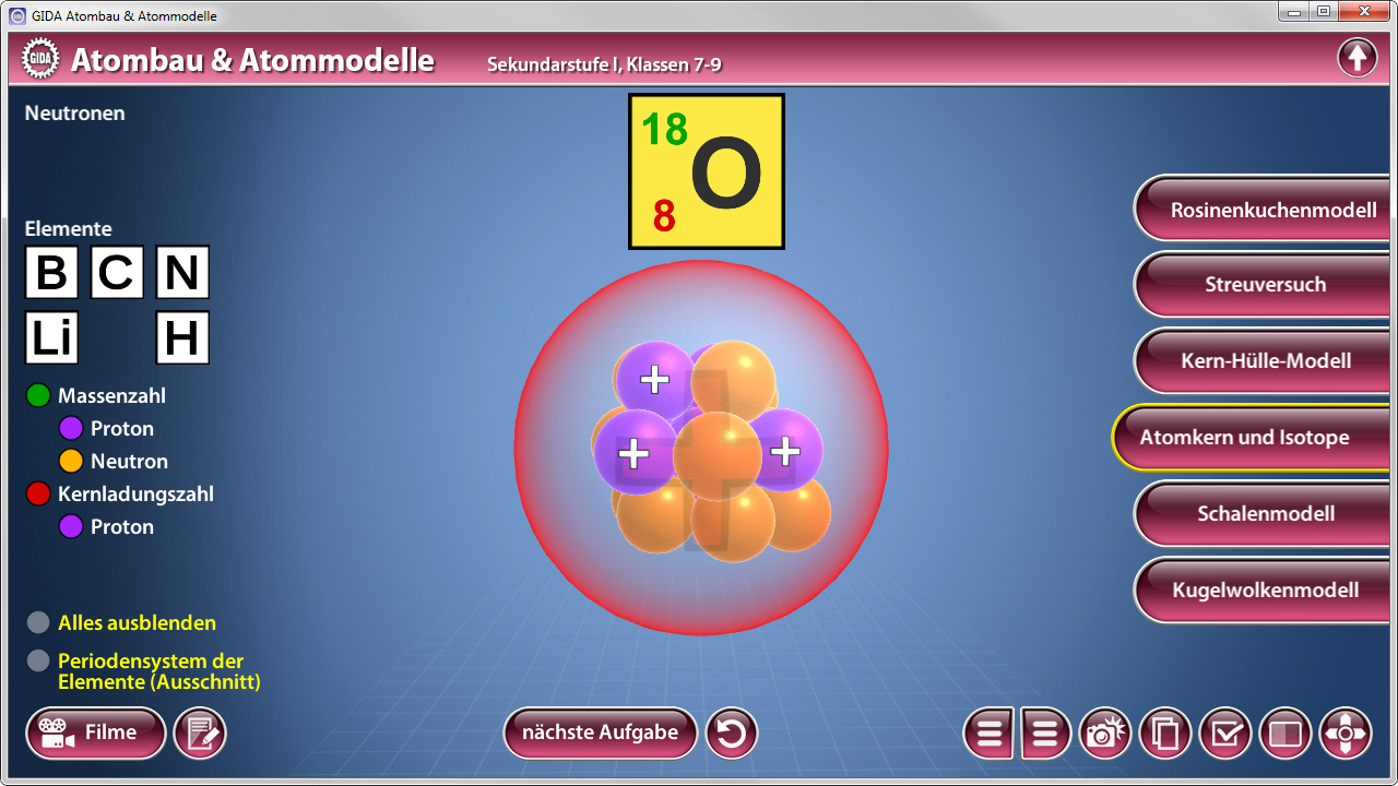 Visualisierung des Atomaufbaus mit Neutronen, Protonen und Elektronen für das Element Sauerstoff (O) mit der Ordnungszahl 8.