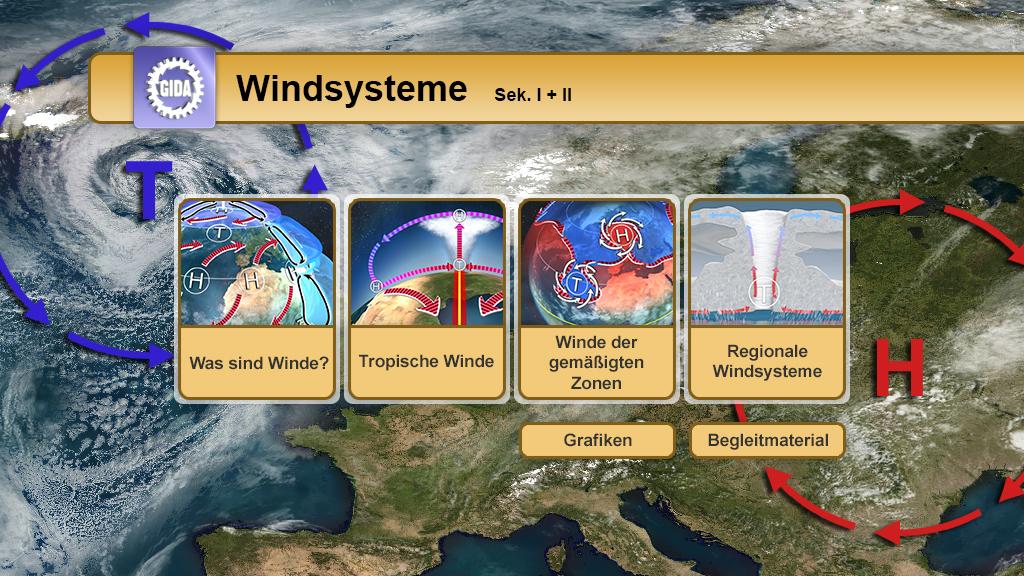 Infografik über Windsysteme mit vier Hauptthemen: Was sind Winde?, Tropische Winde, Winde der gemäßigten Zonen, Regionale Windsysteme.
