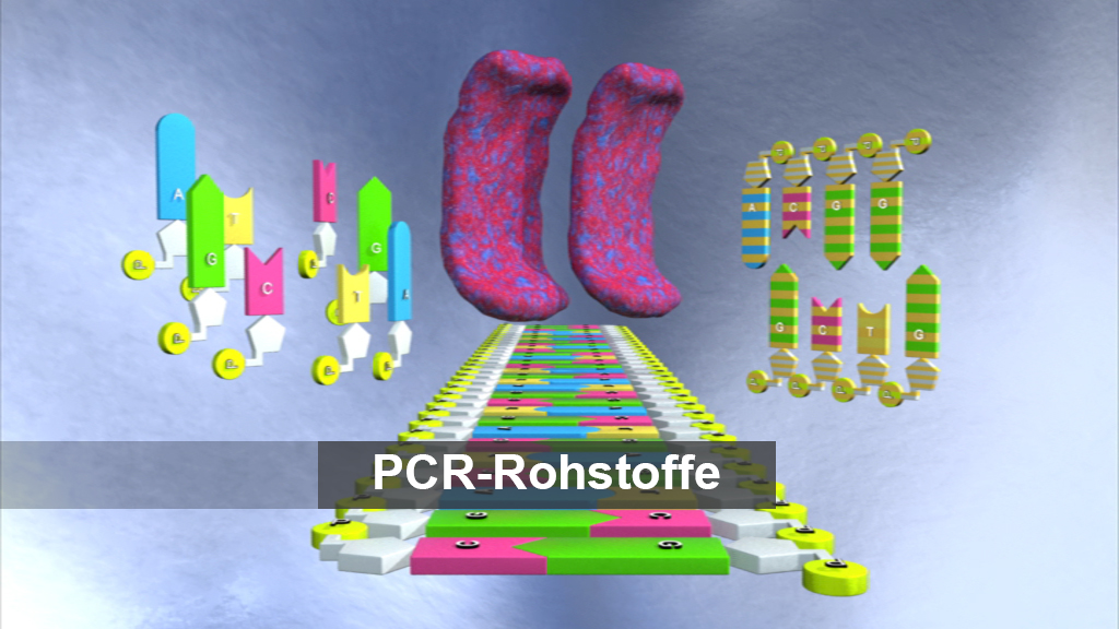 Grafik, die PCR-Rohstoffe zeigt, mit bunten DNA-Strängen und zwei großen, pinken DNA-Molekülen in der Mitte.