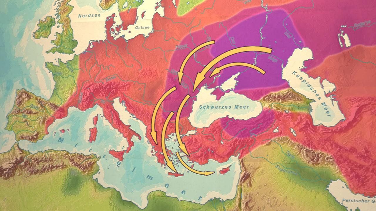 Karte von Europa mit farbigen Regionen und Pfeilen, die Bewegungsrichtungen anzeigen.