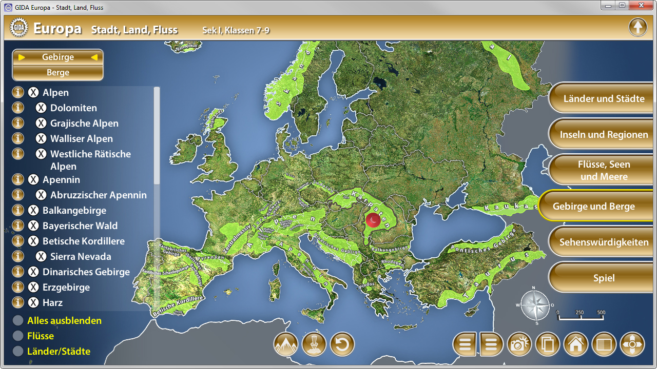 Interaktive Karte von Europa mit geographischen Informationen zu Gebirgen, Flüssen und Städten.
