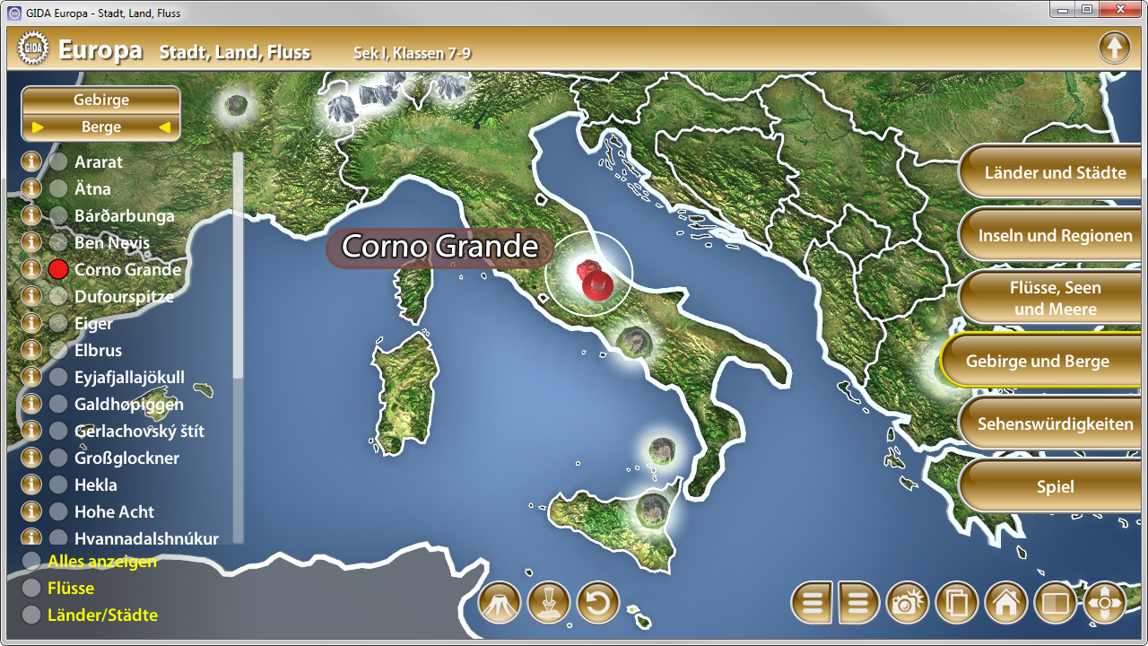 Karte von Europa mit Fokus auf Italien, zeigt Berge und Flüsse, einschließlich Corno Grande.