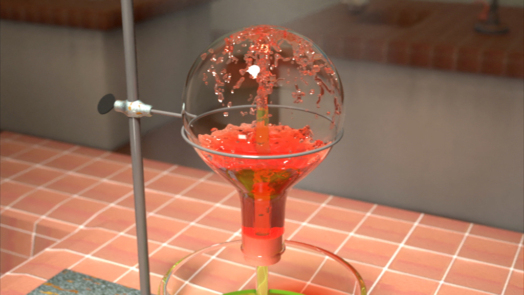 Eine chemische Reaktion in einem Labor, bei der eine rote Flüssigkeit aus einem Glasbehälter in einen anderen fließt.
