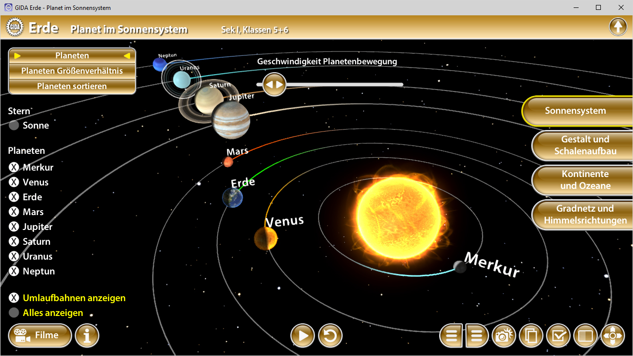 Interaktive Darstellung des Sonnensystems mit Planeten und ihrer Umlaufbahnen um die Sonne.