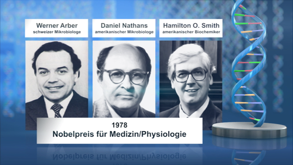 Porträts von Werner Arber, Daniel Nathans und Hamilton O. Smith, Nobelpreisträger für Medizin/Physiologie 1978.