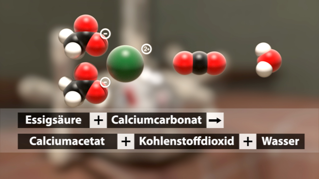 Chemische Reaktion zwischen Essigsäure und Calciumcarbonat, die Calciumacetat, Kohlendioxid und Wasser produziert.