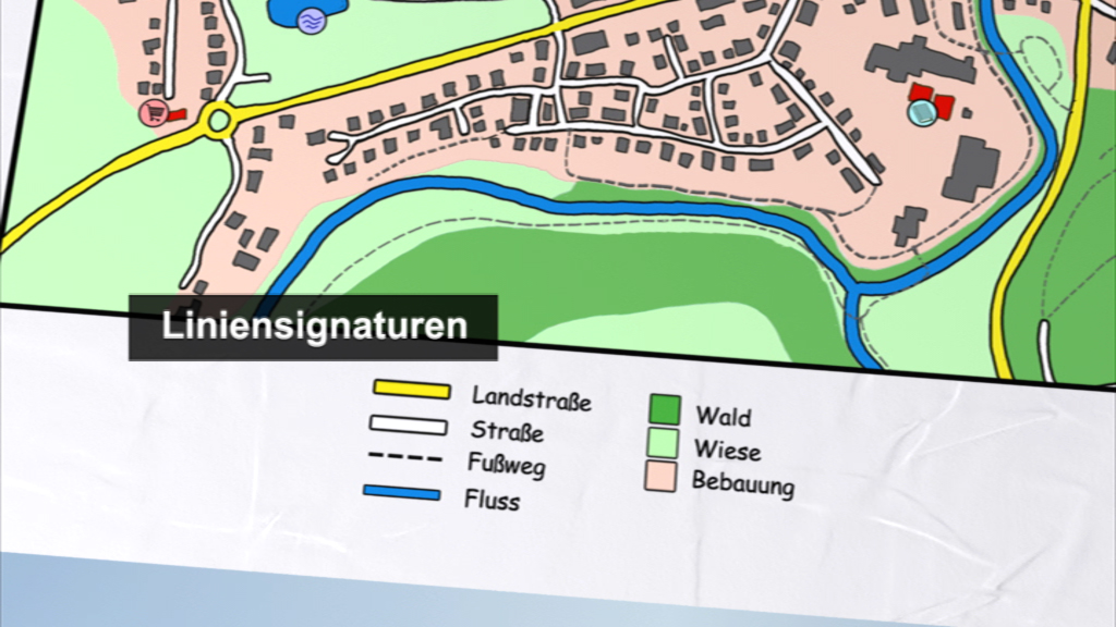 Karte mit Linienstil-Symbolen für Landstraße, Straße, Fußweg, Wald, Wiese, Bebauung und Fluss.