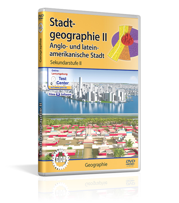 DVD-Cover für 'Stadtgeographie II', behandelt anglo- und lateinamerikanische Städte, Sekundarstufe II.