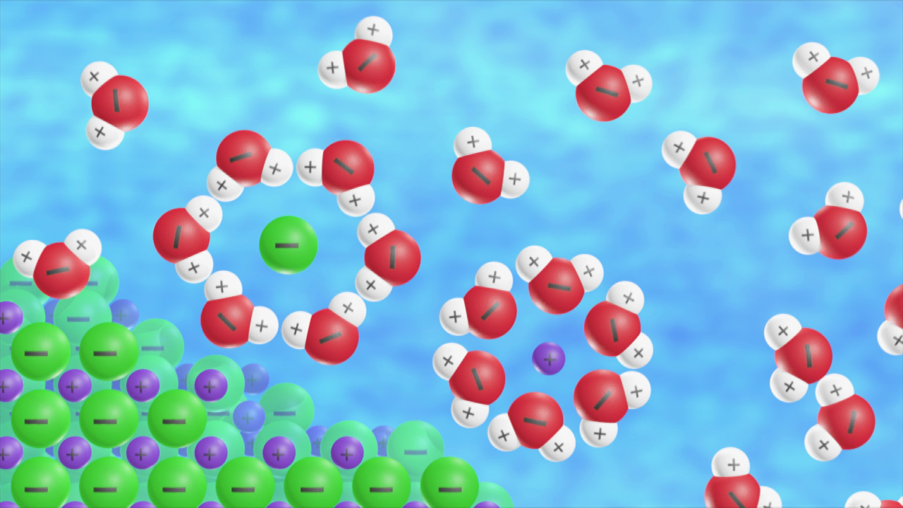 Darstellung von Molekülen im Wasser, mit roten und weißen Wasserstoffatomen und grünen sowie lila Atomen.