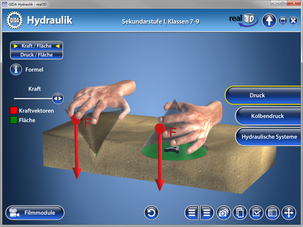 3D-Darstellung von hydraulischen Prinzipien mit Händen, die Kräfte auf eine Fläche ausüben, und einem Kegel auf einer Plattform.