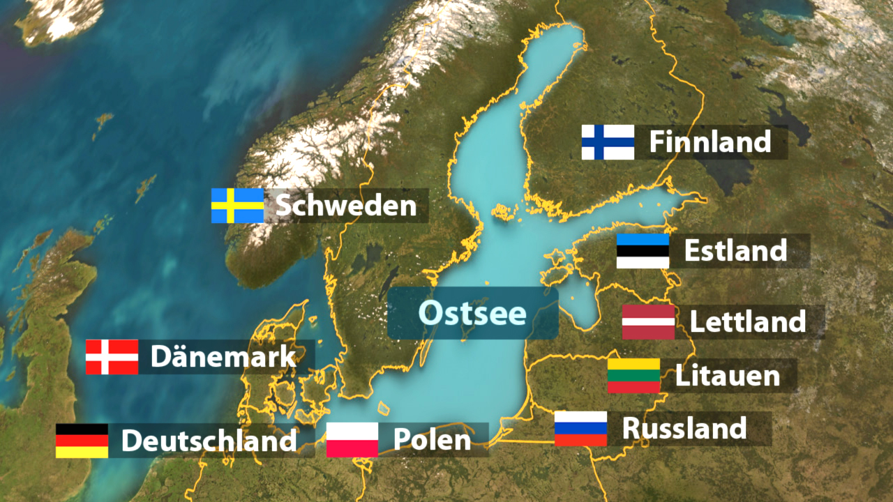 Karte der Ostsee mit den angrenzenden Ländern: Schweden, Dänemark, Deutschland, Polen, Finnland, Estland, Lettland, Litauen und Russland.