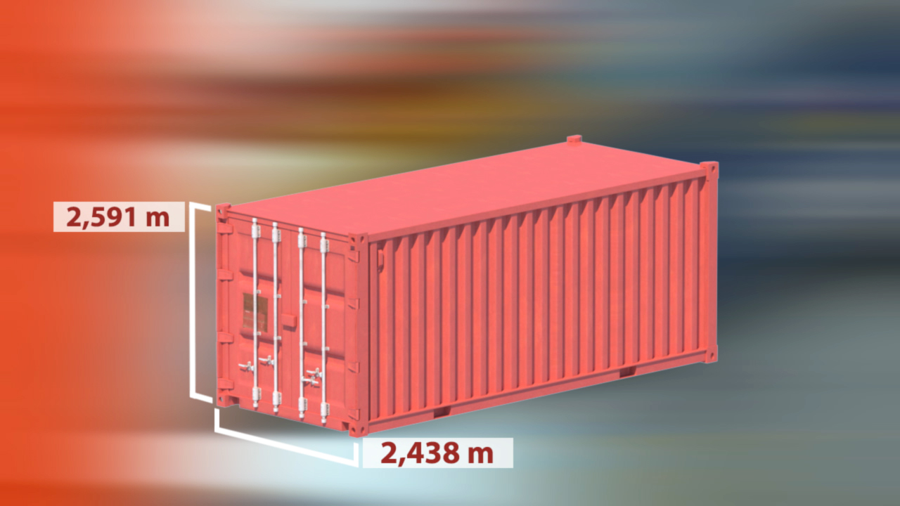 3D-Darstellung eines Containers mit den Maßen 2,591 m und 2,438 m.